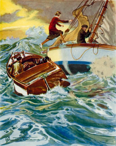 Scène uit Four Valves and Sheila: een vrouw springt van een motorboot naar een jacht in ruwe zee (kleurenlitho) door English School