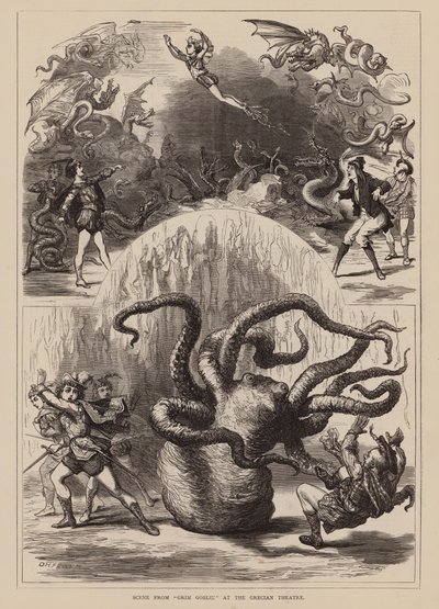 Scène uit "Grim Goblin" in het Grecian Theatre (gravure) door English School