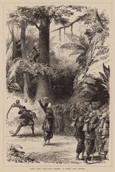 Scène uit "De Veertig Dieven," in Drury Lane Theatre (gravure) door English School