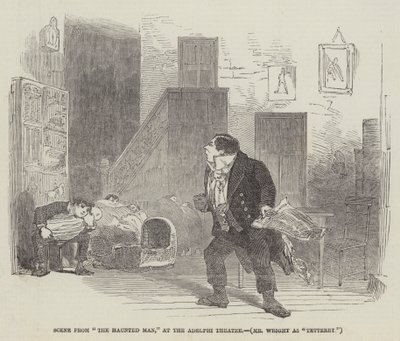 Scène uit "The Haunted Man," in het Adelphi Theatre, Mr Wright als "Tetterby" (gravure) door English School