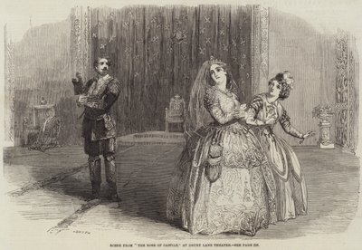 Scène uit "De Roos van Castilië," in het Drury Lane Theater (gravure) door English School