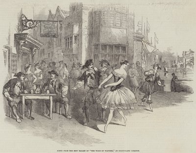 Scène uit het Nieuwe Ballet van "The Wags of Wapping," in Drury-Lane Theatre (gravure) door English School