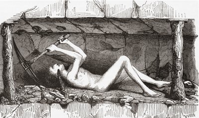 Scène in een Engelse kolenmijn, begin 19e eeuw (gravure) door English School