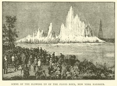 Scène van de opblazing van de Flood Rock, New York Harbour (gravure) door English School