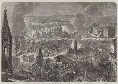 Scène van de grote brand in Limoges, Frankrijk (gravure) door English School