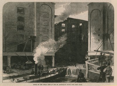 Scène van de grote brand bij de St Katherine Docks door English School