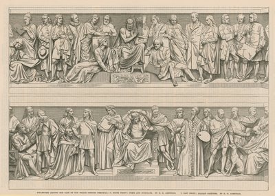 Beelden rond de basis van het Prince Consort Memorial (gravure) door English School