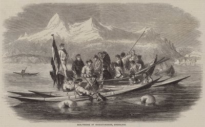 Zeehondenjacht bij Kingigtorssuak, Groenland (gravure) door English School