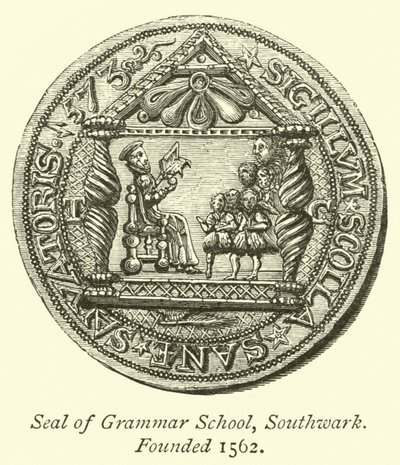 Zegel van Grammar School, Southwark, opgericht 1562 door English School