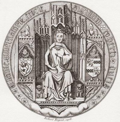 Zegel van Robert Stewart, Hertog van Albany, ca. 1340 – 1420. Lid van het Schotse koningshuis, regent, Gouverneur van Schotland, Hertog van Albany, Graaf van Fife & Menteith. Uit Iconographia Scotica of Portretten van Illustere Personen van Schotland, gepu door English School