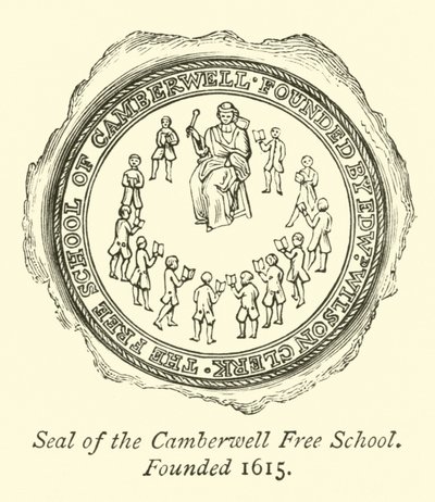 Zegel van de Camberwell Vrije School, Opgericht 1615 door English School