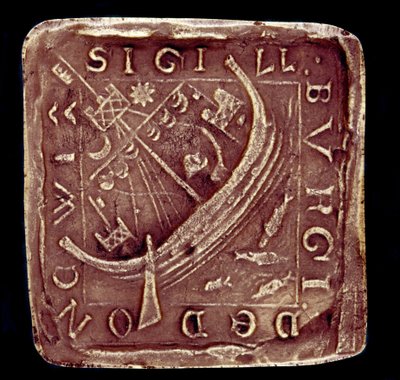 Zegel van de stad Dunwich in Suffolk. Een schip wordt afgebeeld in een ruwe zee, waarschijnlijk verwijzend naar de stormen die een deel van de stad verwoestten in 1286 en 1347. 14e eeuw. Parijs, Nationaal Archief door English School