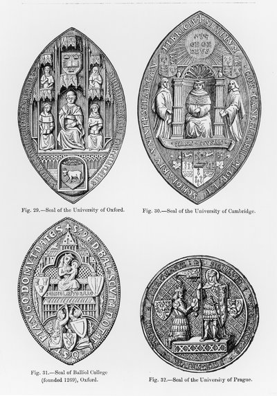 Zegels van de Universiteit van Oxford, Cambridge, Balliol College, Oxford en de Universiteit van Praag, illustratie uit Wetenschap en Literatuur van de Middeleeuwen en de Renaissance, geschreven door Paul Lacroix door English School