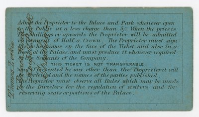 Seizoenskaart voor toegang tot het Crystal Palace, 1861-1862, achterzijde, met regels door English School