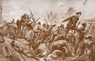 Tweede-Luitenant G.H. Woolley in de verdediging van Hill 60 met zijn mannen door English School