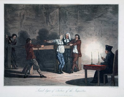 Tweede graad van marteling van de inquisitie, gegraveerd door L.C. Stadler, uitgegeven door Cadell & Davies, Londen, c.1813 door English School