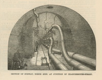 Doorsnede van metro, noordzijde, bij kruising van Charterhouse Street door English School