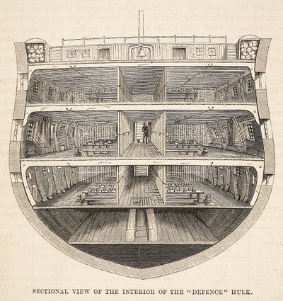 Doorsnede van het interieur van de Defence hulk, illustratie uit The Criminal Prisons of London and Scenes from Prison Life door Henry Mayhew en John Binny, uitgegeven in 1862 door English School