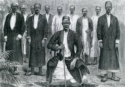 Sekebobo Hoofd van Chagwe, Mtesa Hoofd van Oeganda, Chambarango en Pokino de Eerste Minister (gravure) door English School