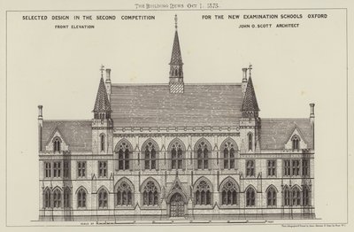 Geselecteerd Ontwerp in de Tweede Competitie voor de Nieuwe Examen Scholen Oxford, Voorgevel (gravure) door English School