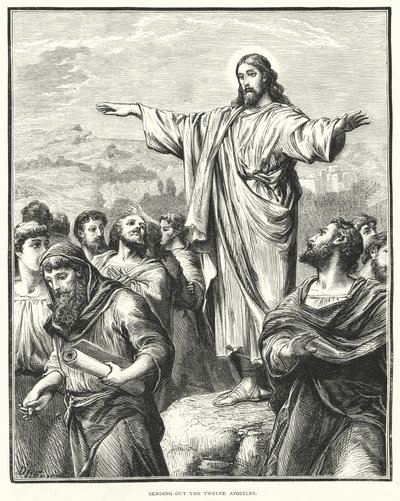 Uitzenden van de Twaalf Apostelen (gravure) door English School