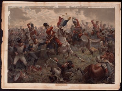 Sergeant Evert die de Franse kleuren vangt tijdens de aanval van de Scots Greys bij de Slag bij Waterloo, 18 juni 1815, ca. 1908 door English School