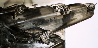 Sergeant James Allen Ward loopt over de vleugel van een Wellington-bommenwerper door English School
