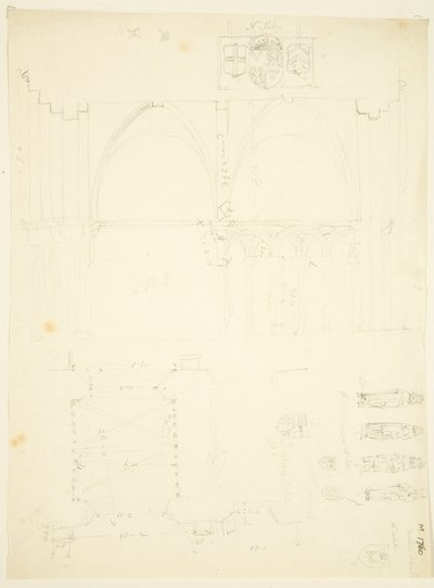 Serie schetsen van Abbey Gatehouse en de kathedraal van Bristol door English School