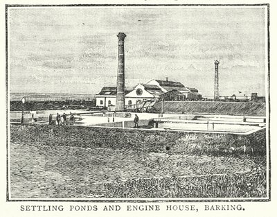 Bezinkingsvijvers en machinehuis, Barking (gravure) door English School