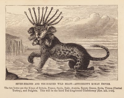 Zevenkoppig en tienhoornig wild beest (gravure) door English School
