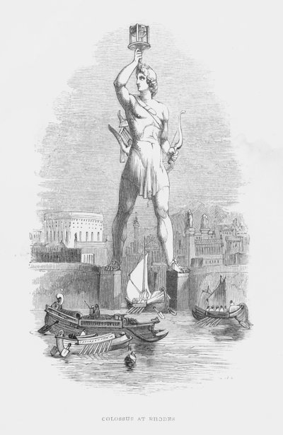 Zeven Wereldwonderen van de Oudheid: Kolossus van Rhodos (gravure) door English School
