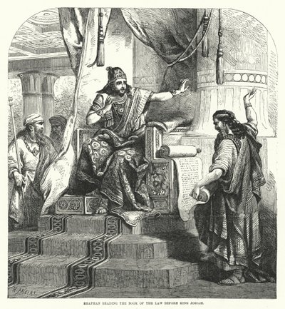 Shafan leest het wetboek voor aan koning Josia (gravure) door English School