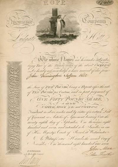 Aandeel voor de Hope Insurance Company, Ludgate Hill, Londen door English School