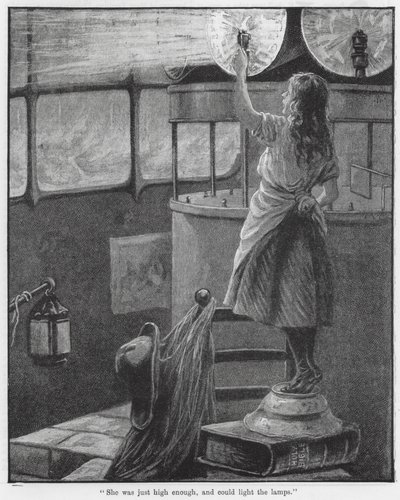 "Ze was net hoog genoeg en kon de lampen aansteken" (gravure) door English School