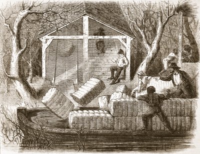 Schieten van Cottin-balen in het voorste deel van de rivier-stoomboot Magnolia, illustratie uit The Illustrated London News, 1861 door English School