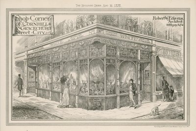 Winkelhoek van Cornhill en Gracechurch Street, City, Londen door English School