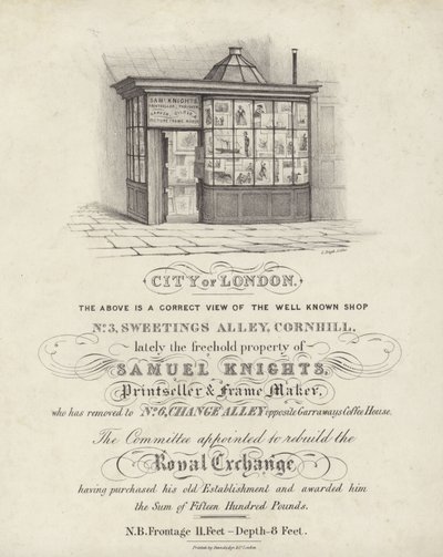 Winkel van Samuel Knights, prentverkoper en lijstenmaker, 3 Sweetings Alley, Cornhill, City of London door English School