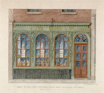Winkel van de overleden Wethouder Birch nabij de Royal Exchange. 1871 door English School