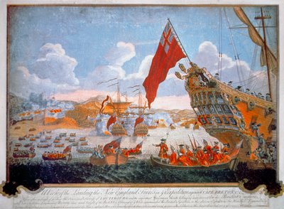 Belegering van het Franse fort Louisbourg in 1745 door Britse schepen en New England kolonisten door English School