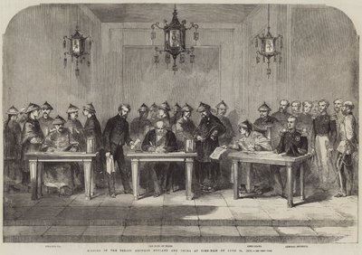 Ondertekening van het Verdrag tussen Engeland en China in Tien-Tsin op 26 juni 1858 (gravure) door English School