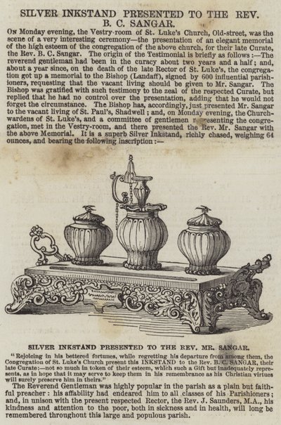 Zilveren Inktstel gepresenteerd aan de Eerwaarde B C Sangar (gravure) door English School