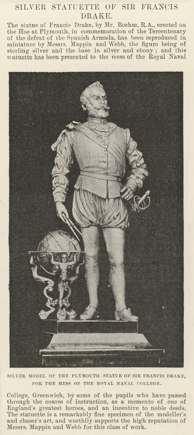 Zilveren model van het Plymouth standbeeld van Sir Francis Drake, voor de mess van het Royal Naval College door English School