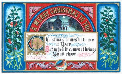 Zingen van kerstliederen onder maanlicht, kerstkaart door English School