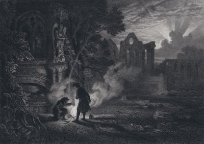 Sir Arthur en Dousterswivel in de ruïnes van St. Ruth (gravure) door English School