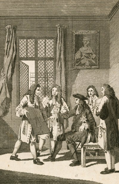 Sir Christopher Wren presenteert zijn plan voor de wederopbouw van Londen aan koning Karel II door English School