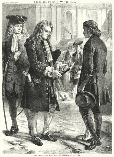 Sir Christopher Wren en de Suffolk Houthakker (gravure) door English School