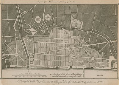 Sir Christopher Wrens plan voor de herbouw van de stad Londen na de verschrikkelijke brand in 1666 door English School