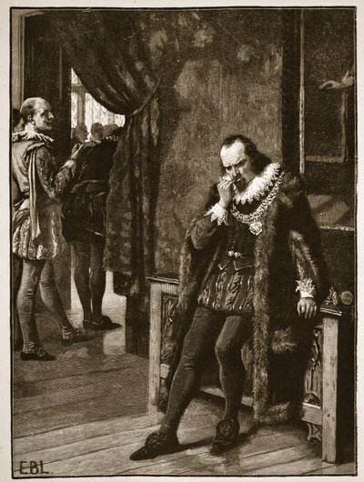 Sir Francis Bacon wachtend op een audiëntie van Buckingham, illustratie uit Cassells Geïllustreerde Geschiedenis van Engeland door English School