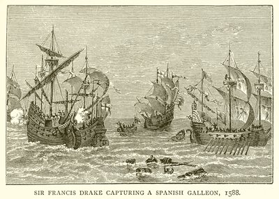 Sir Francis Drake neemt een Spaanse galei in beslag, 1588 door English School