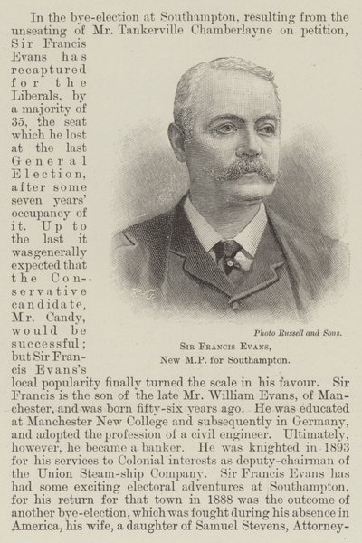 Sir Francis Evans, nieuw parlementslid voor Southampton (gravure) door English School